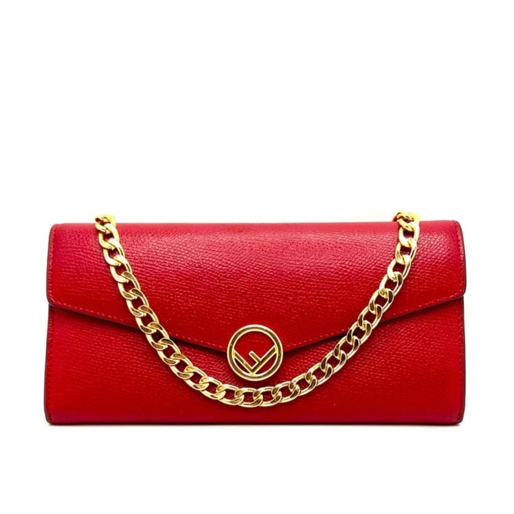 Authentic FENDI F Logo Continental Red Leather Long Folding Wallet EUC